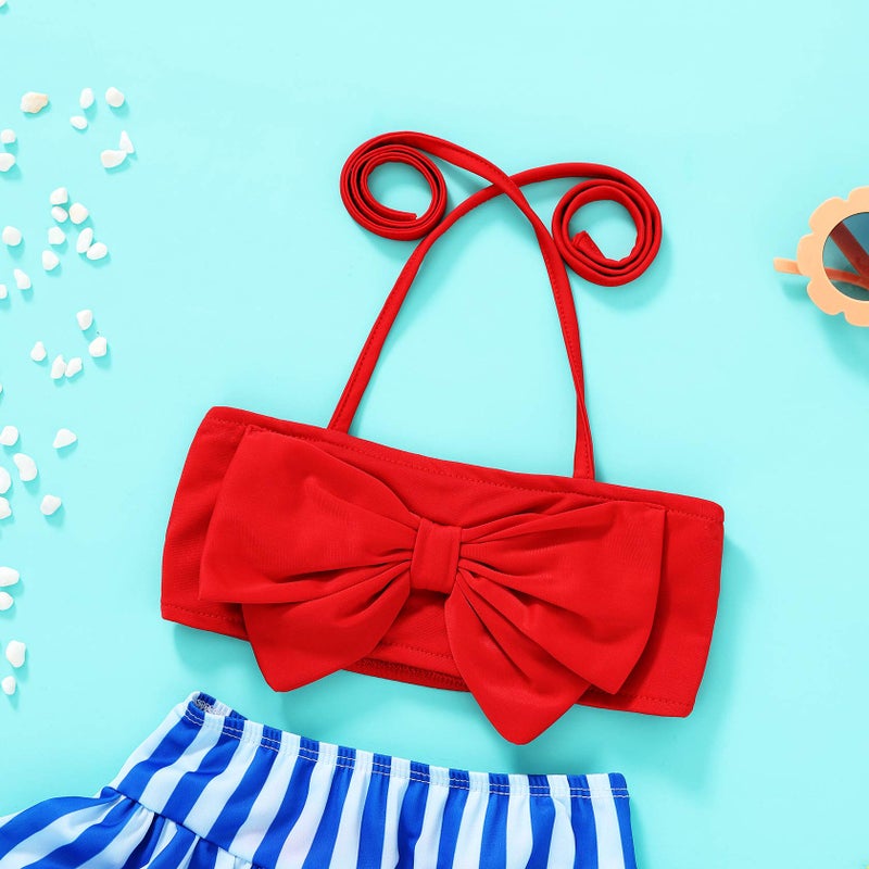 JEELLIGULAR Toddler Baby Girl Swimwear Bowknot Stripe Swimsuit Bathing Suit 2Pcs Bikini Set Outfits Summer (18-24 Months, Red) - Image 2